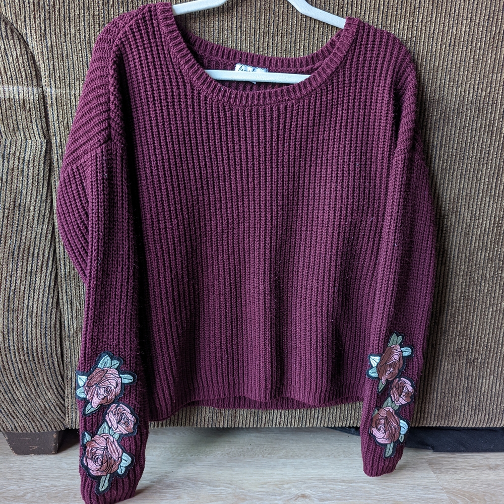 Women's Burgundy Sweater with Floral Embroidery